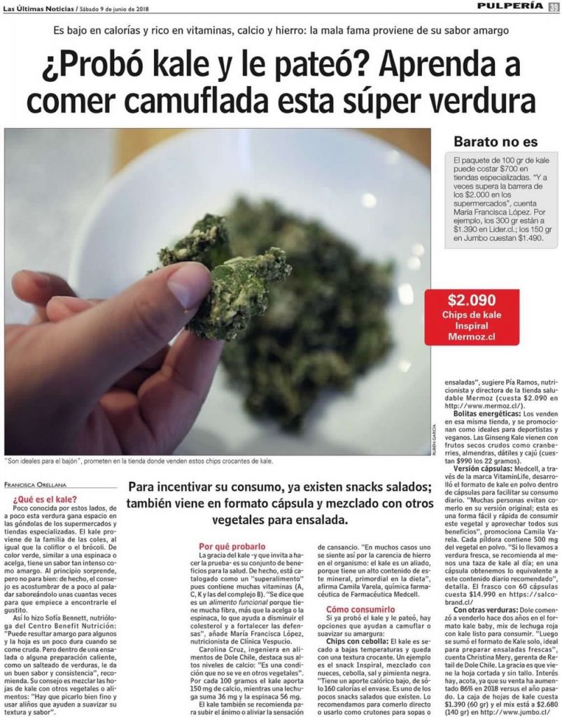 La Nutricionista Pía Ramos comenta sobre Kale Chip para el diario Las Últimas Noticias.
