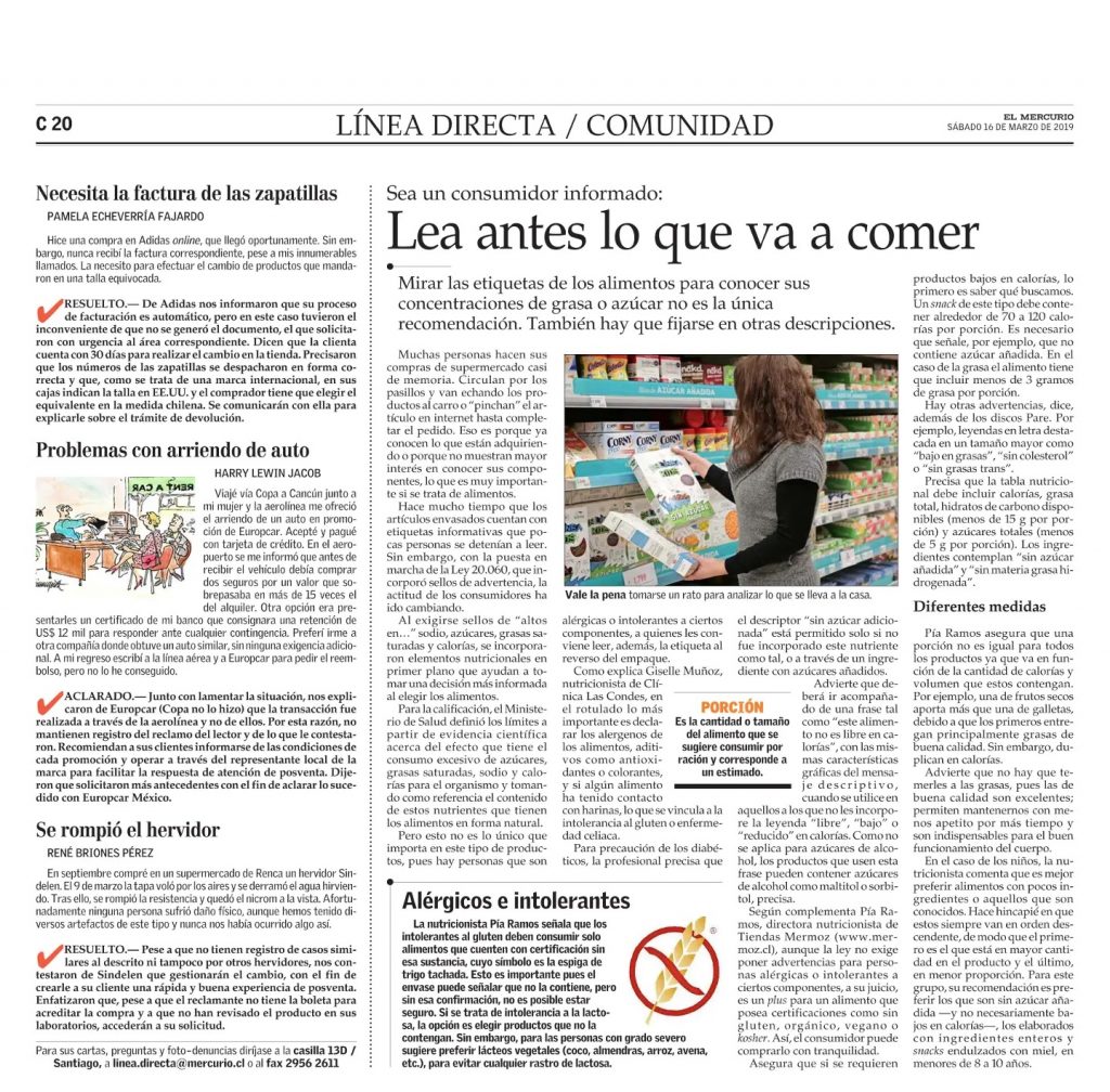 La Nutricionista Pía Ramos comenta sobre la importancia de leer lo que va a comer y en que priorizar para el diario El Mercurio.